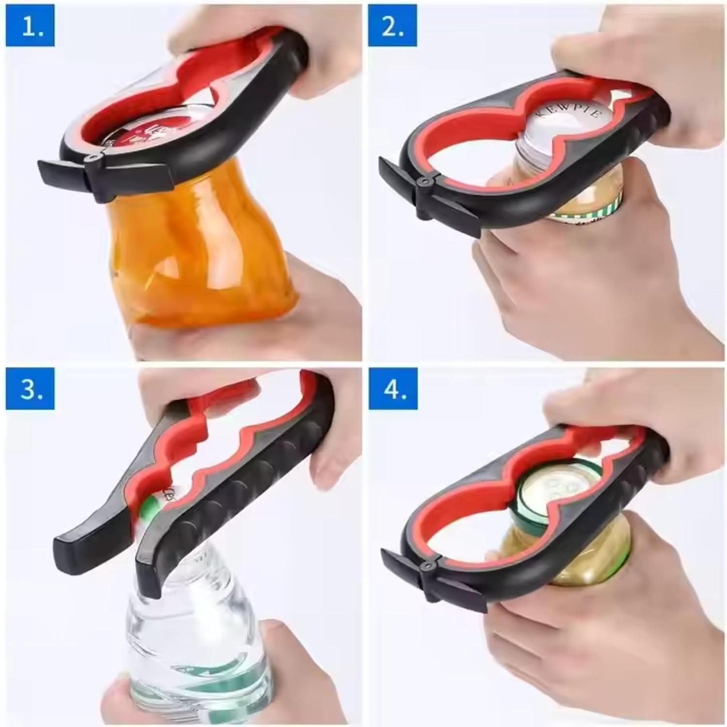 Jar Opener & Bottle Opener 4-in-1 Set - For Screw Jars, Cans, Wine Bottles - Ergonomic Handle for Seniors & Arthritis (Weak Hands) (Red-Black) image 3