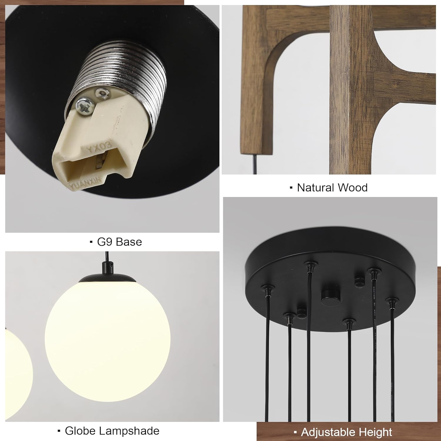 Farmhouse Wood Chandeliers,Large 6-Lights Rustic Pendant Light,Hanging Dining Room Light Fixtures Over Table,Mid Century Chandelier with Milk Glass Globe Shades for High Ceiling Foyer Entryway