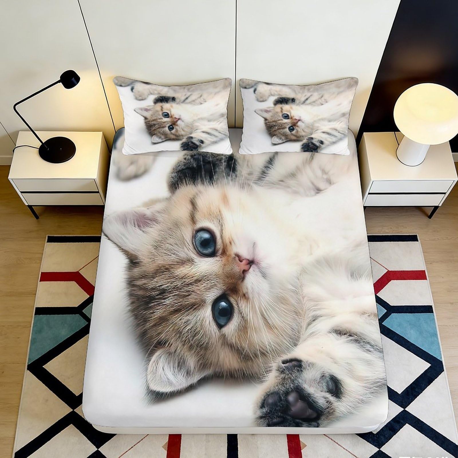 3D Printed Cute Cat Fitted Sheet Microfiber Deep Pocket Bedroom Bedding Cat Mattress Fitted Cover Elastic Hem Non-Slip Washable for Adults Teens 180x200x25cm