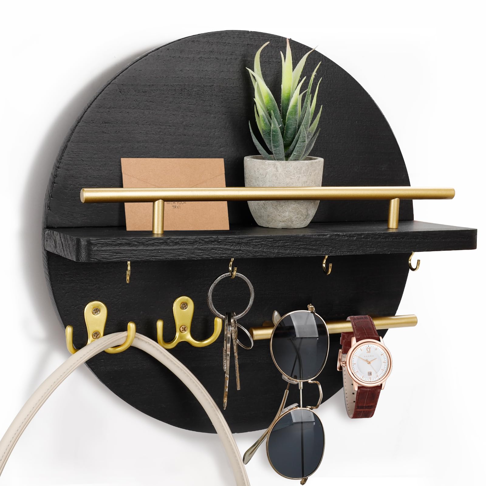 Dxiunove Wall Mounted Key Holder with Hooks,Round Key Organizer for Entryway, Rustic Wooden Key Hooks Wall Décor, Space-Saving Key Holder Shelf for Home Office, Keys Holder & Mail Station (Black)