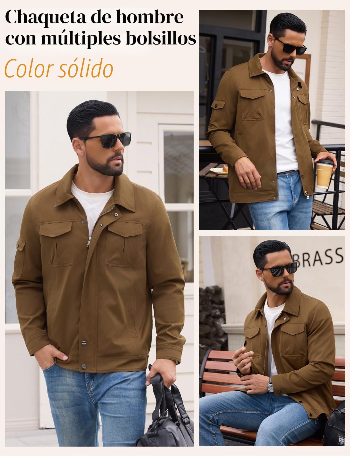 TOMEEK Chaqueta Hombre Entretiempo Casual Impermeable Botón Chaqueta de Aviador Cargo Clásico Primavera Verano Cazadora Ligera con Múltiples Bolsillos