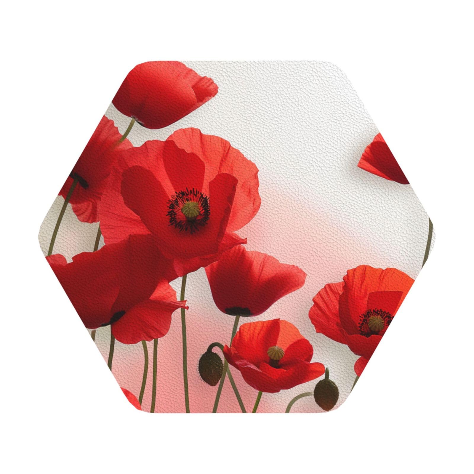 Flowers Vivid Petals Print Leather Coaster Set of 6, Hexagon Coasters Table Decorative Coffee Cup Beverage Coasters Wine Beer Bar Coasters for Hot Drinks Table Protection