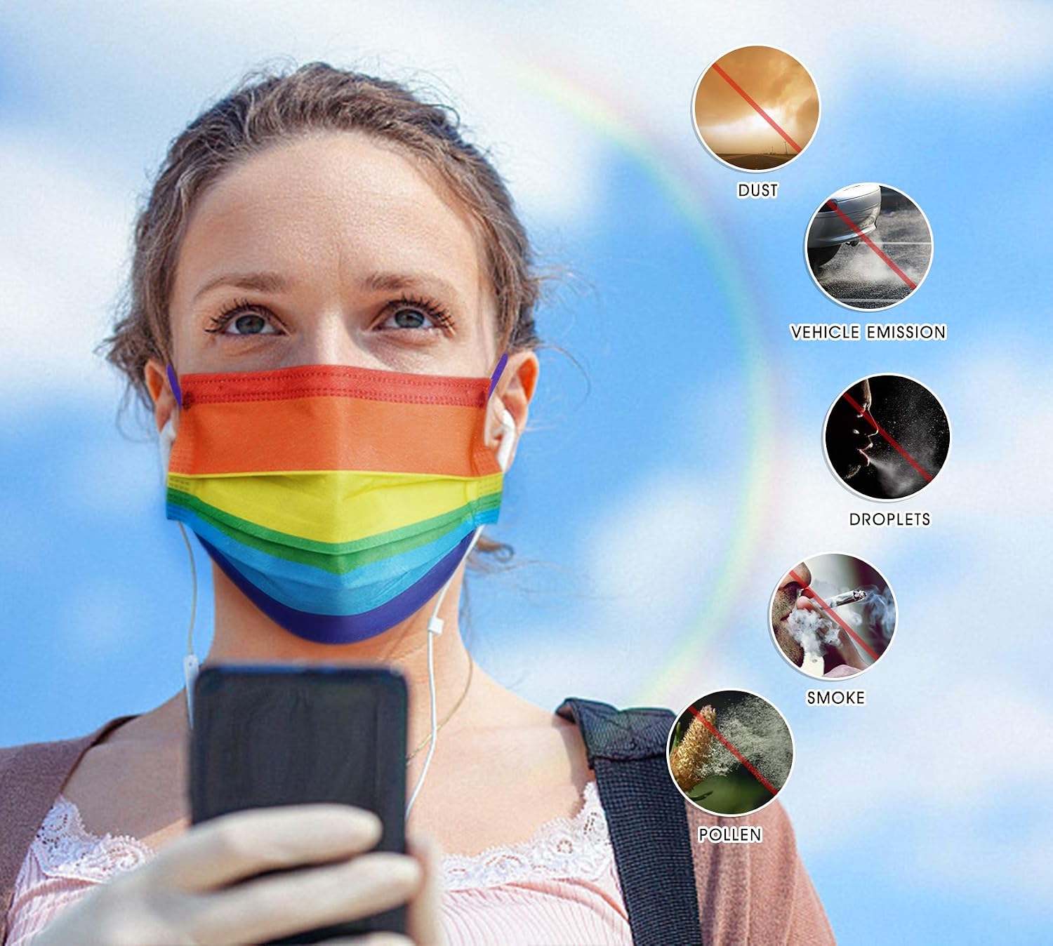 Tomorotec 50PCS Disposable Face Mask Rainbow Colors Individually Wrapped | 3-Layer Colorful Face Masks with Purple Soft Elastic Ear loops Nonwoven Fabrics (Random Rainbow Patterns & Colors)