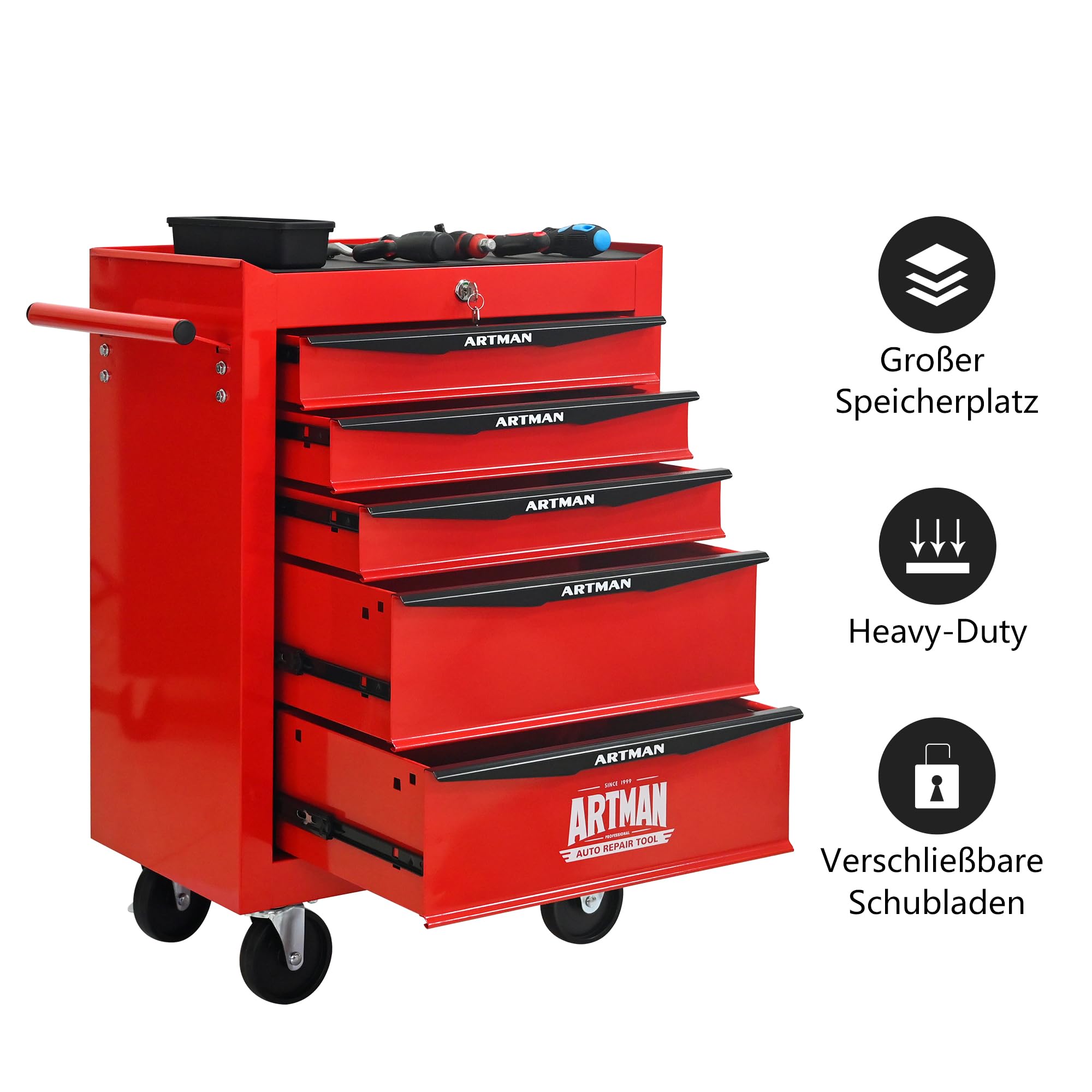 Generisch Carrello portautensili a 5 cassetti con ruote, mobile con cassetti con cuscinetti a sfera, robusta cassetta degli attrezzi in acciaio rosso/nero per garage e officina