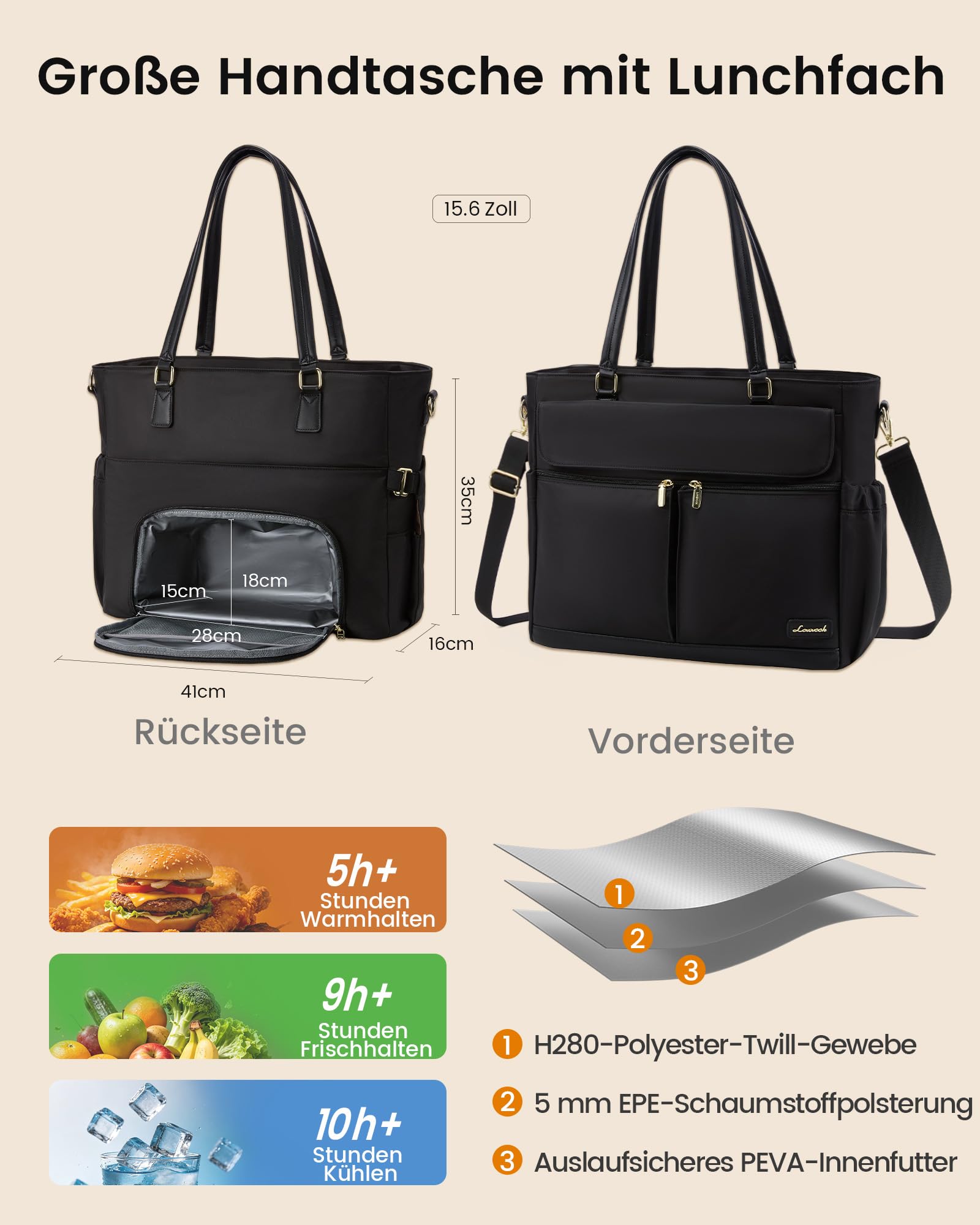 LOVEVOOK Arbeitstasche Damen mit Isolierted Kühlfach Laptop Handtasche Groß