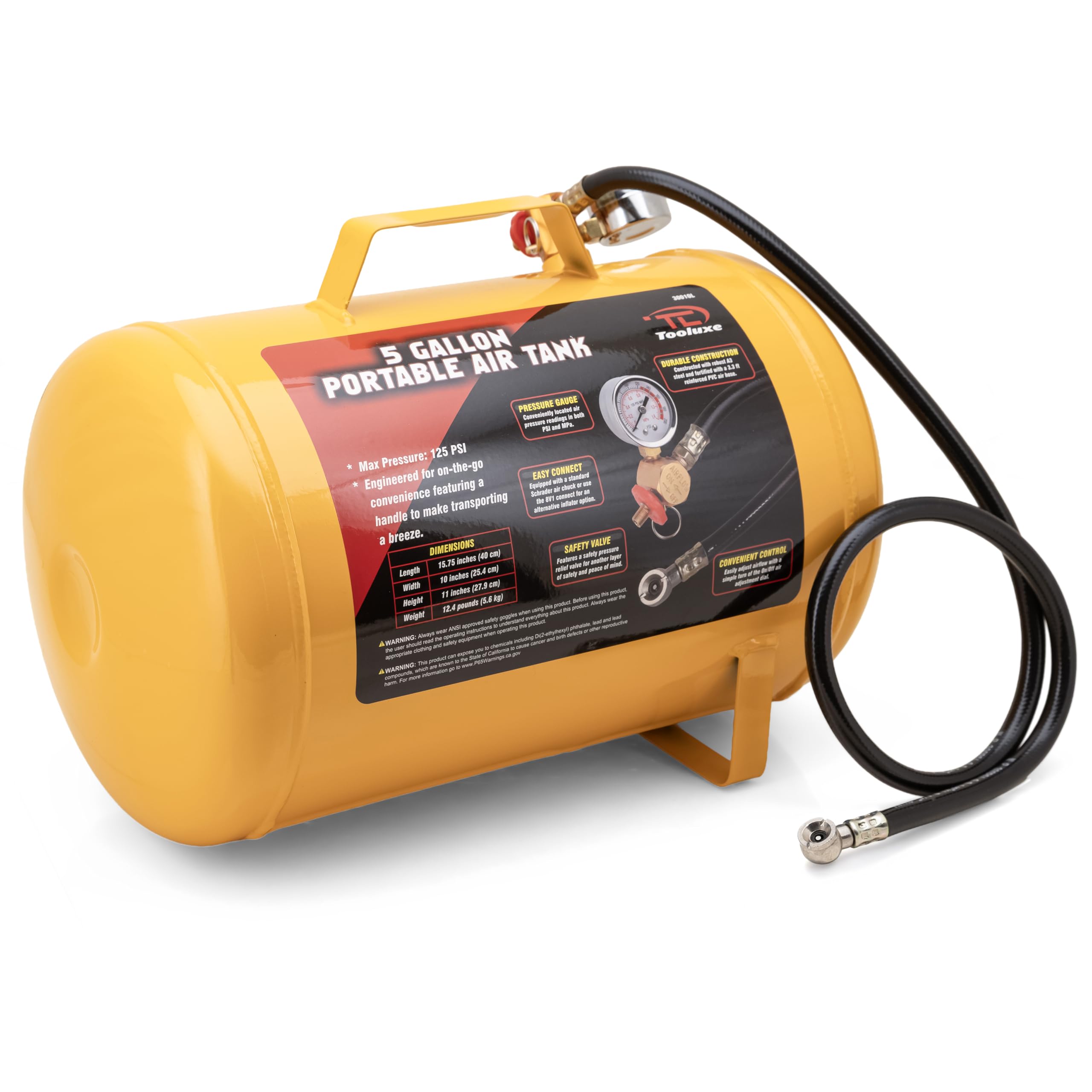 TOOLUXE 30010L 5 Gallon Air Tank, Portable Air Tank, 125 PSI Maximum Pressure, Horizontal Air Compressor Tank, 1/4" NPT 40 Inch Industrial Hose & Chuck, 140 PSI Safety Valve