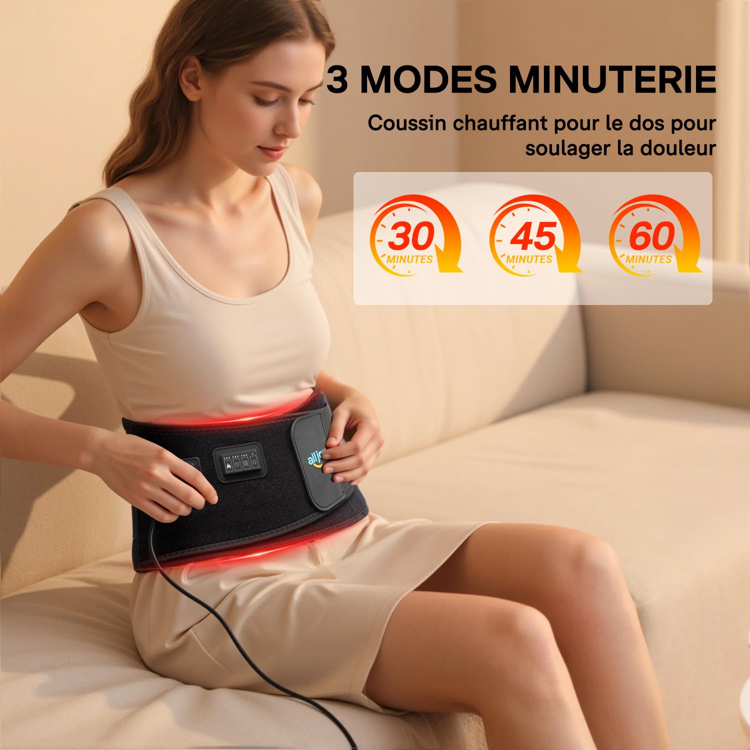 ALLJOY 170CM Ceinture Chauffante Lombaire, Cadeau Noel pour Homme Femme Parents, Coussin Chauffant Dos avec 5 Massage Vibratoire et 3 Niveaux de Température, Minuterie 3 Temps (avec Fil)