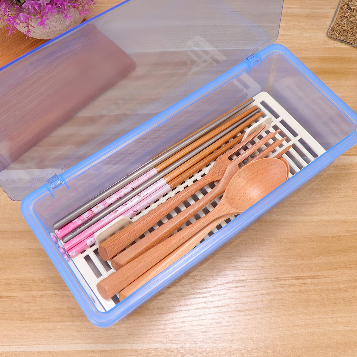 Cabilock Besteck-Organizer Mit Deckel – Schubladeneinsatz Mit Abtropfgestell | BPA-frei, Grau, Ca. 43x13x7 Cm