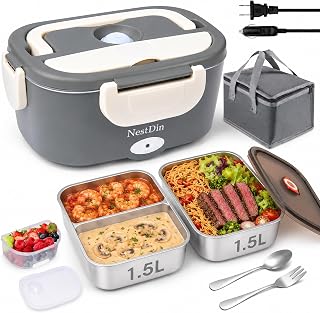 Electric Lunch Box 80W, Heated Food Warmer | 12V/24V/110V for Car & Work Office Use, 1.5L Dual Stainless Steel Containers with Lids