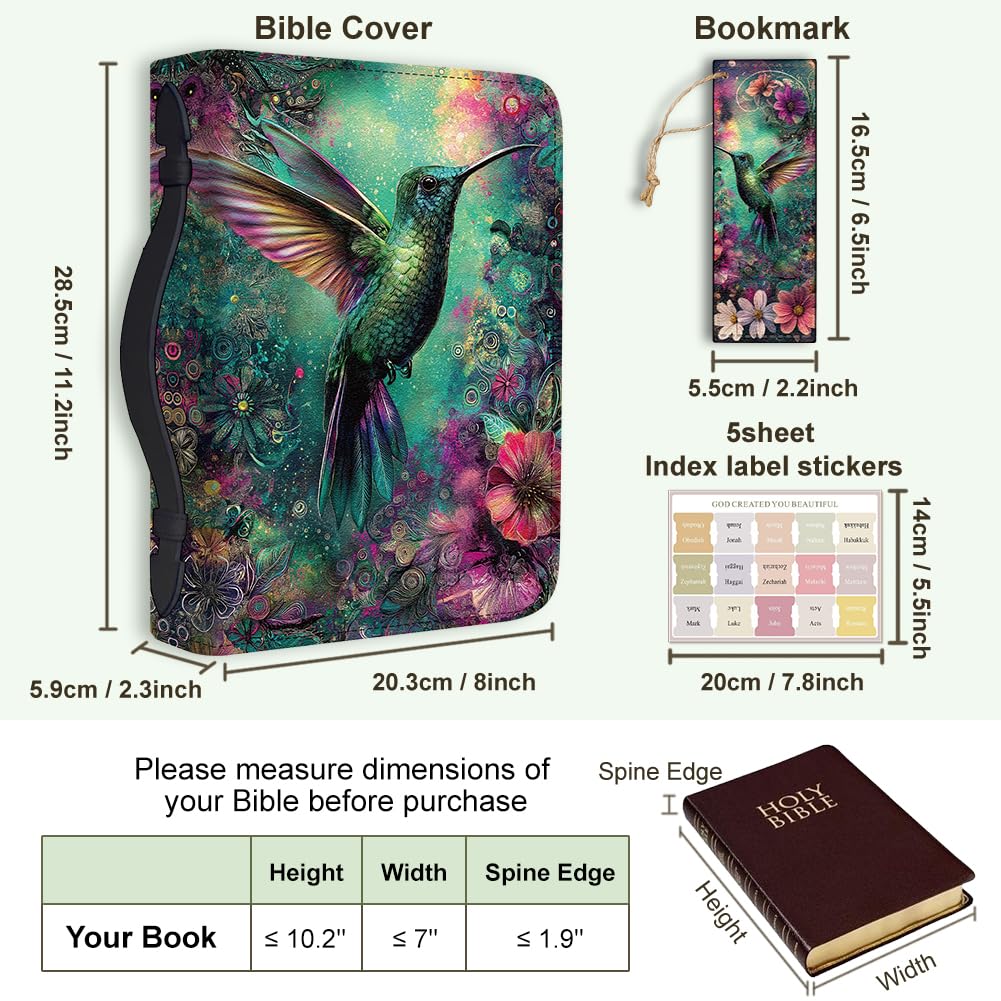 Hobbspring Hummingbird Bible Cover Case for Women Flowers Bible Cover with Bookmark Mystery Dreamy Durable Carrying Book Cases with Handle Zipper PU Leather Bags for Adults Students(Green Pink) - Image 2