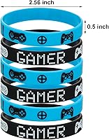Vista 2 de JOVITEC 48 bandas para recuerdos de fiesta de juegos, pulsera de goma para videojuegos, suministros de pulseras de fiesta de video (azul, negro)