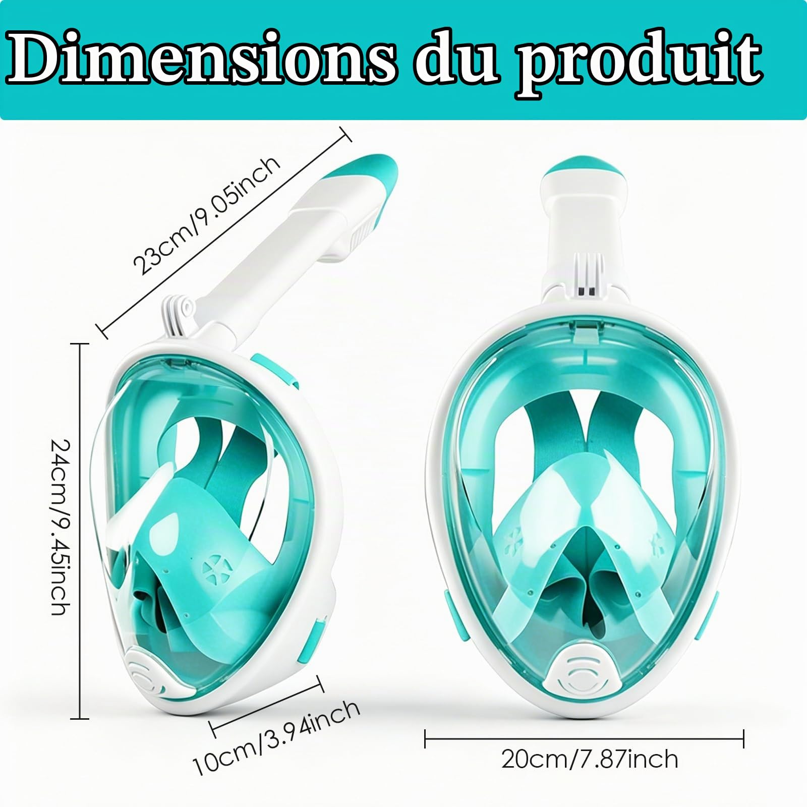 Masque de Plongée Intégral 180° Panoramique Anti Buée, Masque Snorkeling avec Tuba Amovible et Support Caméra, Silicone Ajustable pour Snorkeling et Natation