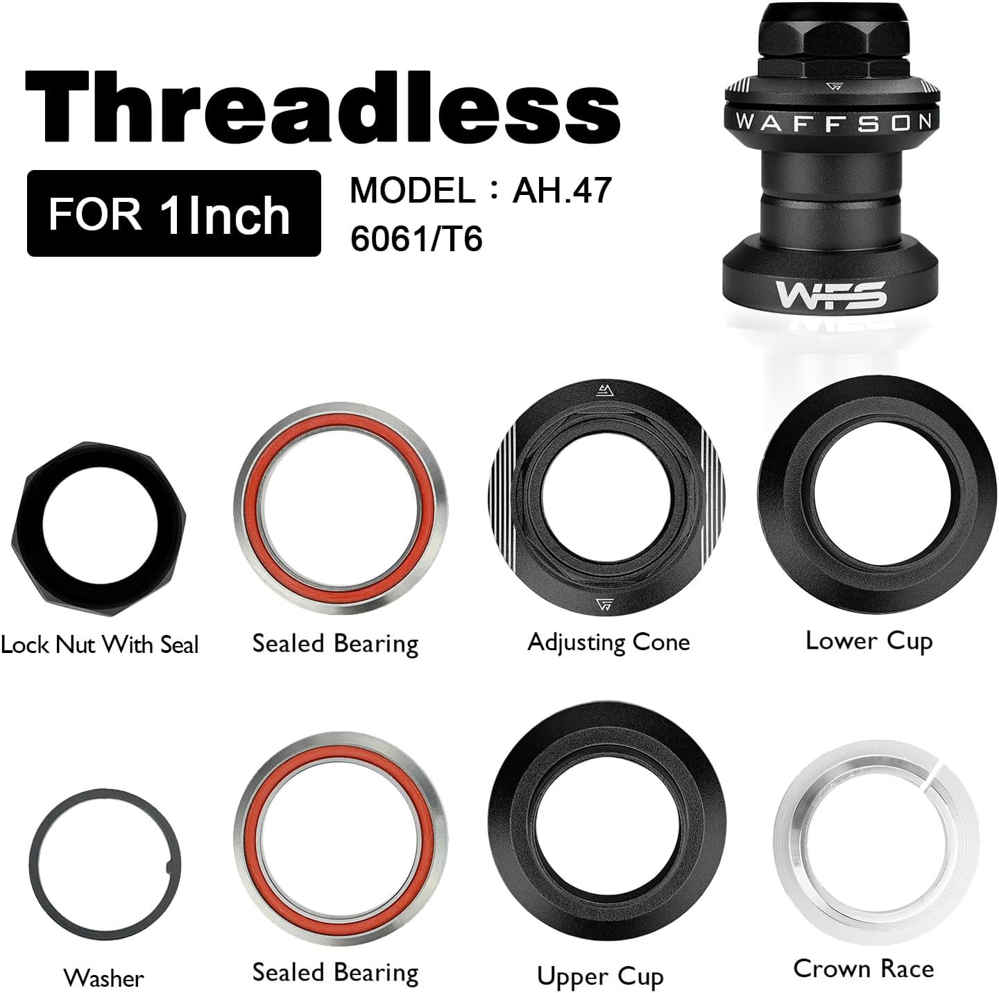 WFS AH.47 1 Inch Threaded Bike Headset for Threaded Steerer Forks and 30mm Head Tube, CNC Aluminum Alloy, Sealed Bearings for Mountain/Road/City Bikes, MTB & BMX
