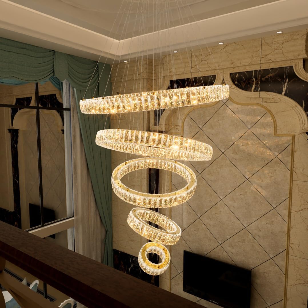 HAIXIANG 5-Rings Modern Chandelier with LED Dimmable Lights Crystal High Ceiling Chandeliers Lighting for Living Room Foyer Entryway Luxury Indoor Light Gold Fixtures