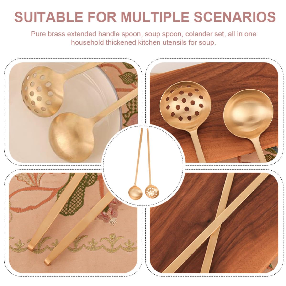 Kichvoe Set di 2 Cucchiai da Zuppa Manico in Ottone, Cucchiai Scolapasta per Banchetto, Presa Comoda e Resistente per Cucina Domestica