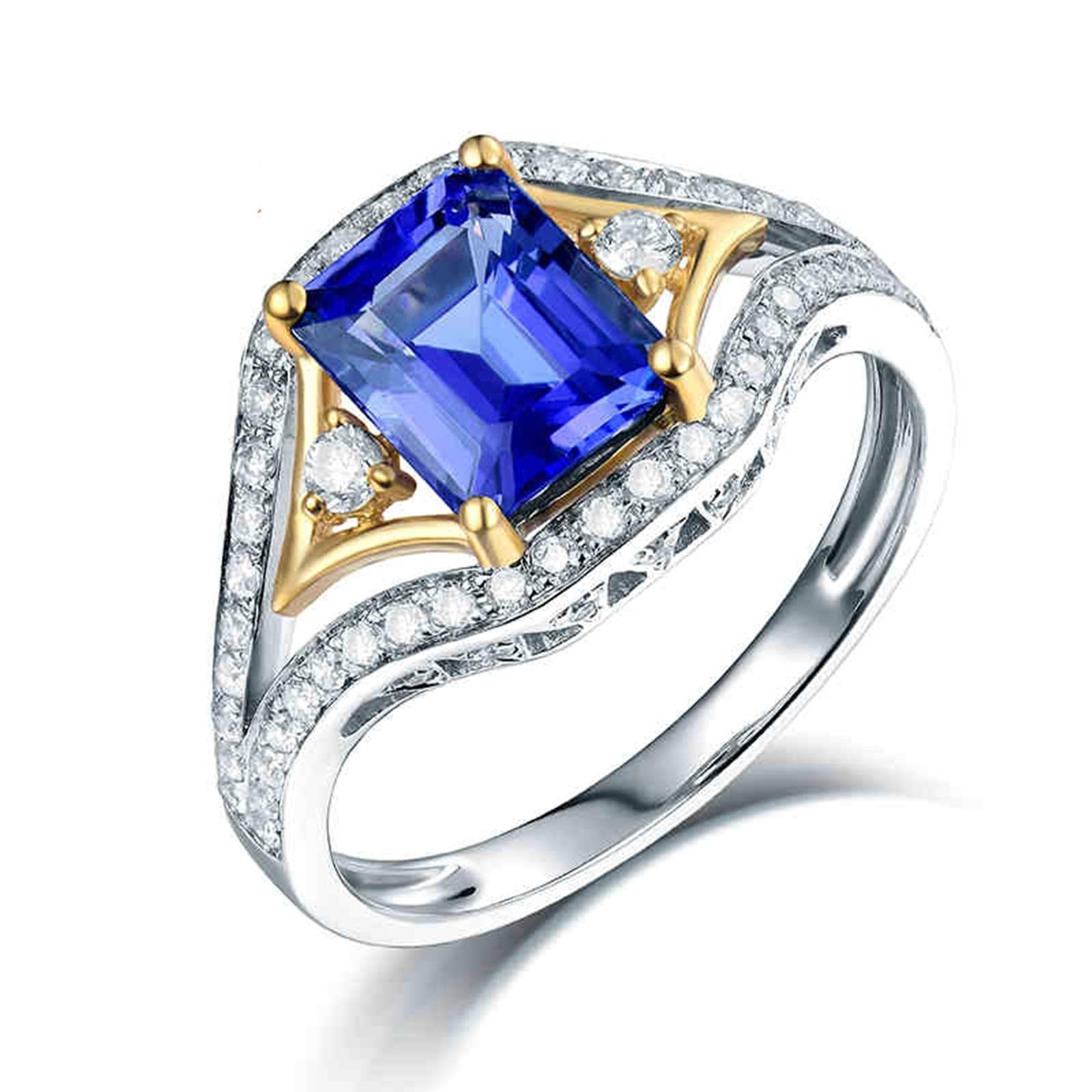 Pierścionek zaręczynowy damski z białego złota 14 K (585), 1,465 ct, tanzanit, spersonalizowany, z diamentowym pierścionkiem, dla przyjaciółki, rozmiar 45 (14,3)-70 (22,3)