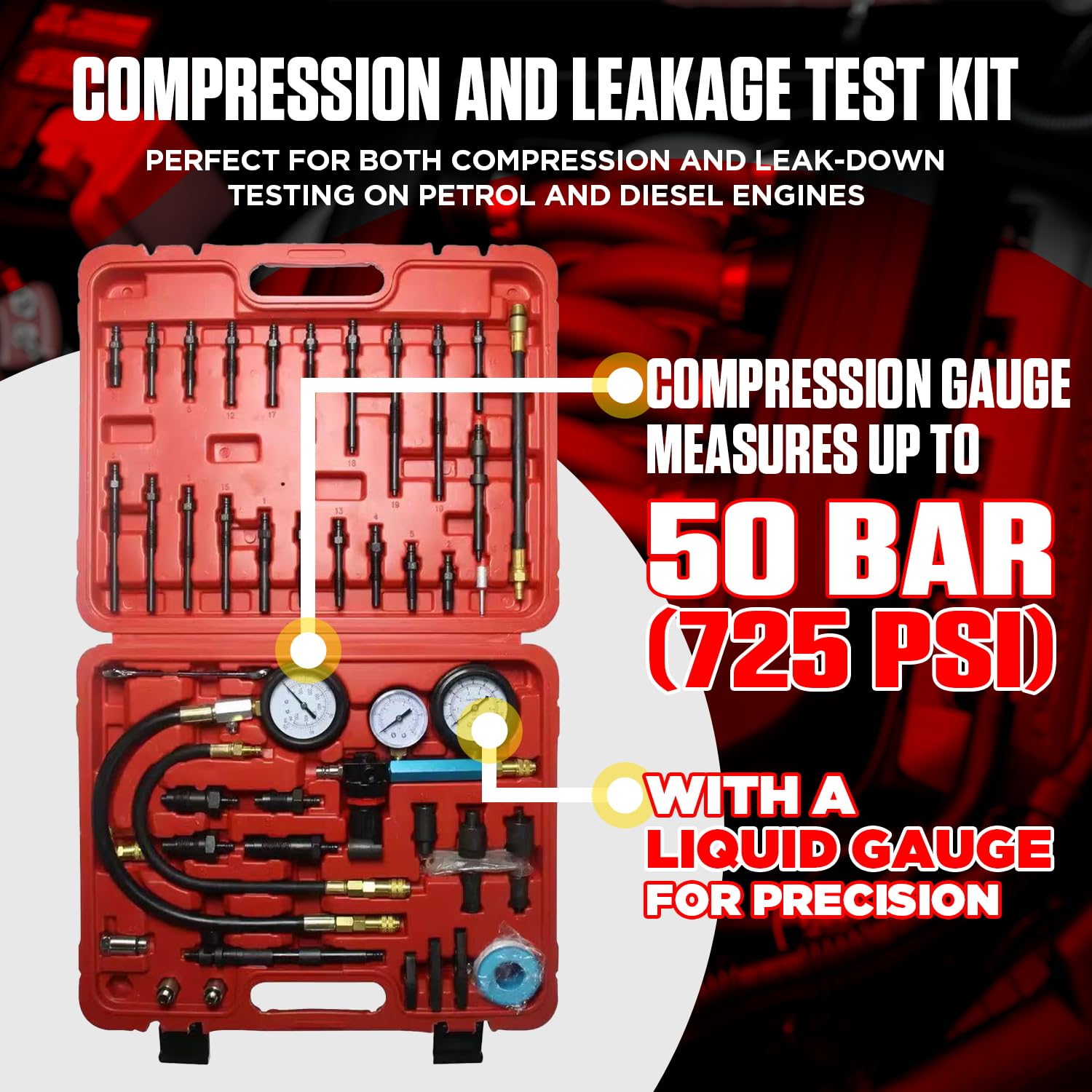 Kit per test di compressione e perdite di motori a benzina e diesel – Set completo di strumenti con manometro da 47 pezzi per la diagnosi di problemi al motore Adatto alla maggior parte di auto