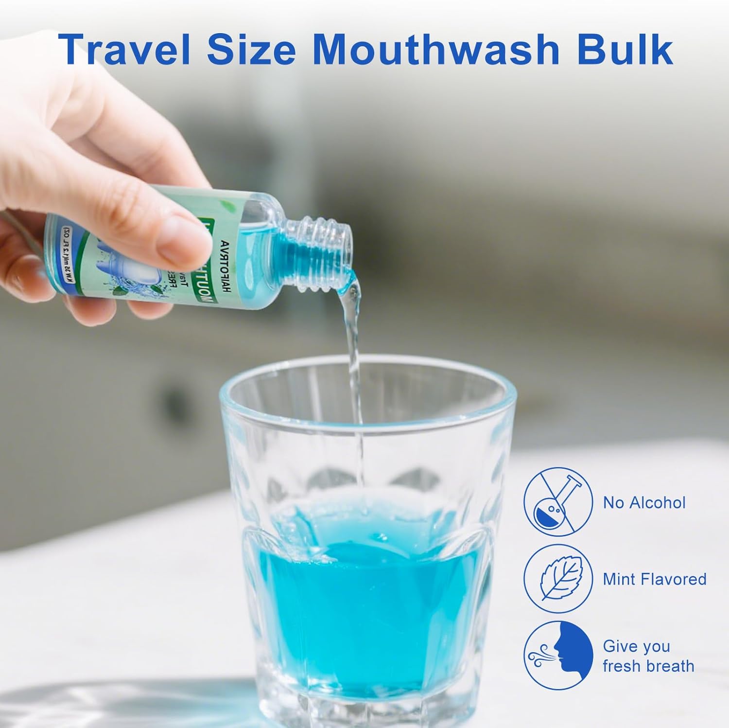 100 Pcs Mini Mouthwash Travel Size Bulk,Blue Portable Mint Flavor Mini Mouthwash Individual 35ml/1.2oz On The Go Mouth Wash Small Bottle for Travel,Office,Toiletry Kits