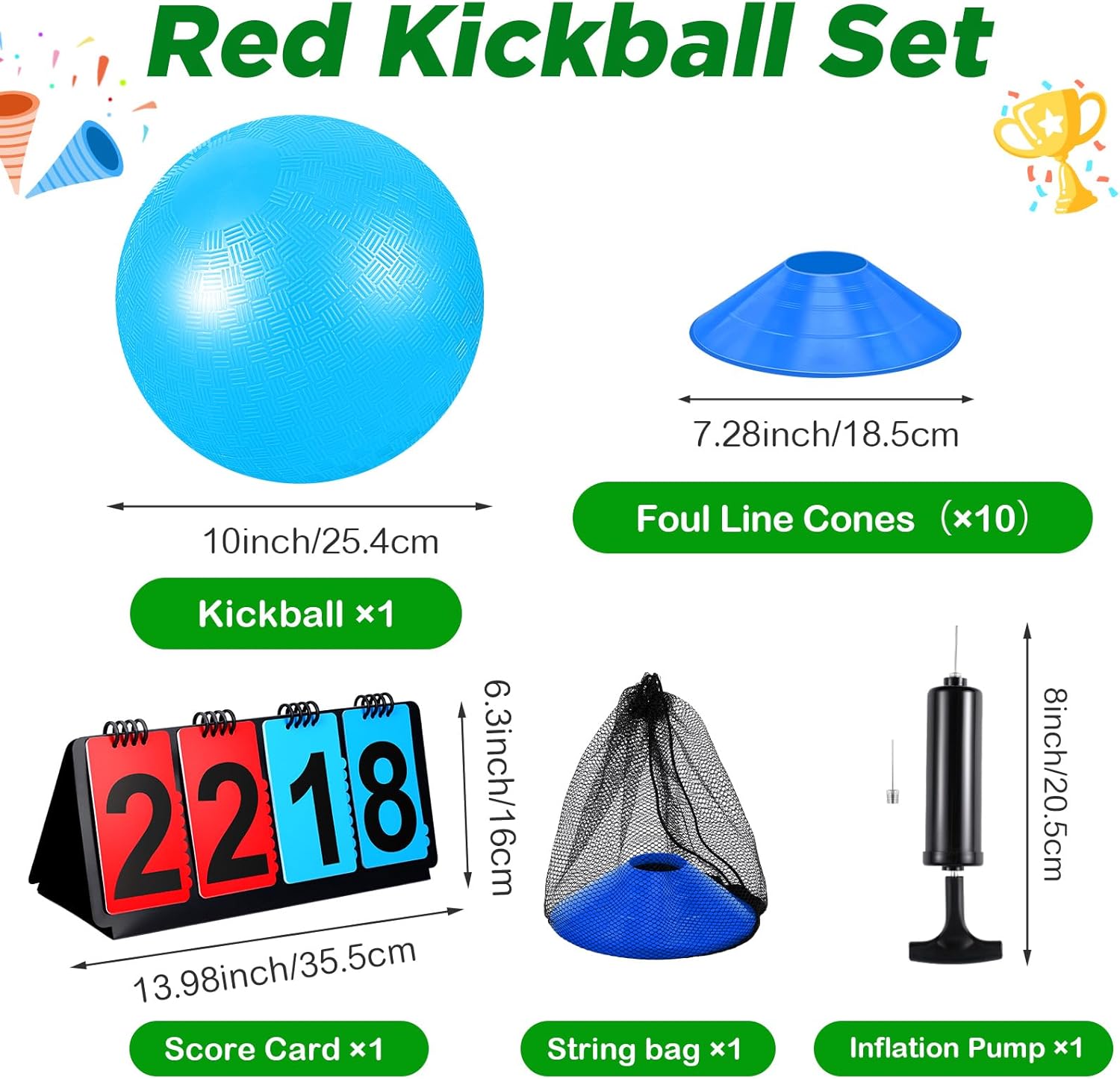 Jenaai 18 Pcs Sports Kickball Set Includes Playground Ball 5 Rubber Throw Down Bases Ball Pump Scoreboard Net Bag 10 Foul Line Cones for Adults Playground Backyard Game(10 Inch,Blue)