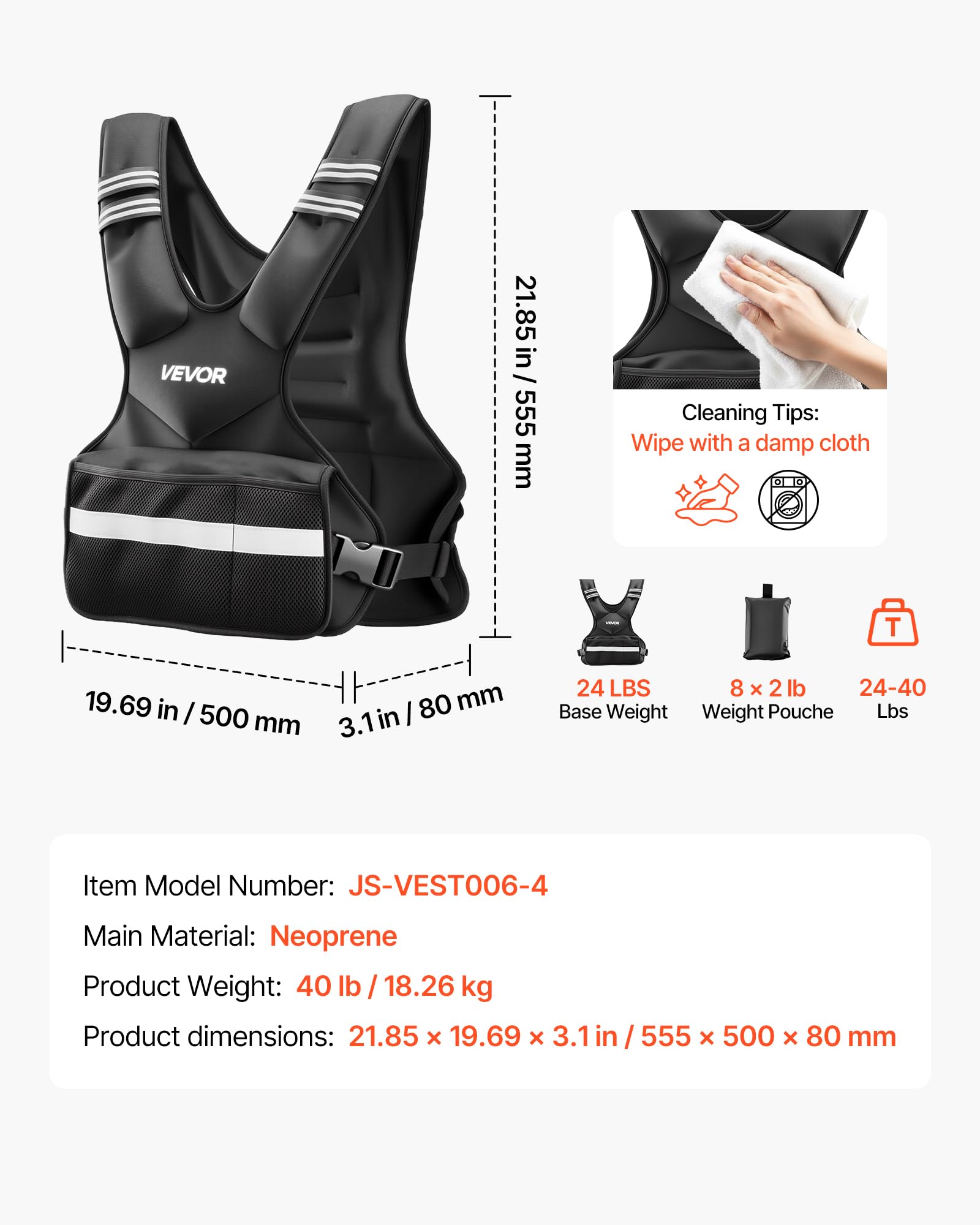 VEVOR Chaleco Lastrado Ajustable de 18,26 kg, Chaleco Ponderado con Forma de X, con 8 Paquetes de Pesas Extraíbles de 0,9 kg, para Entrenamiento de Fuerza, Correr, Fitness, Desarrollo Muscular