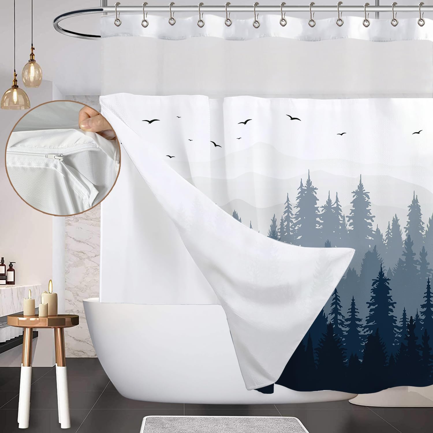ORTIGIA Blue Misty Mountain Forest Shower Curtain with Snap in Fabric Liner Set Ombre Curtain with 12 Metal Hooks Luxury Hotel Style with See Through Top Window, Fabric Shower Curtain,72" Wx72 L