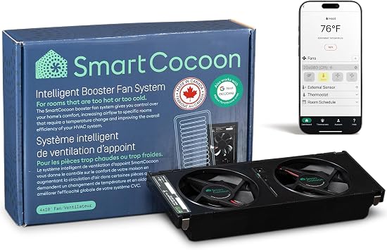 4x10 Smart Booster Fan System Improves Weak Airflow in Hot & Cold Rooms Works with Forced Air Heating & Cooling Systems Integrates with Nest & ecobee Works with Alexa-Made in Canada
