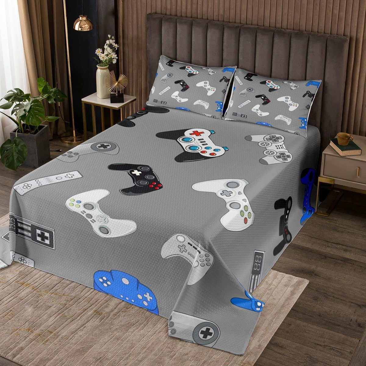 Feelyou Gamepad Bedspread Console Gamer Gray Coverlet Set for Kids Boys Girls Various Video Game Quilted Modern Game Controller Decor Bedroom Collection 3Pcs King Size