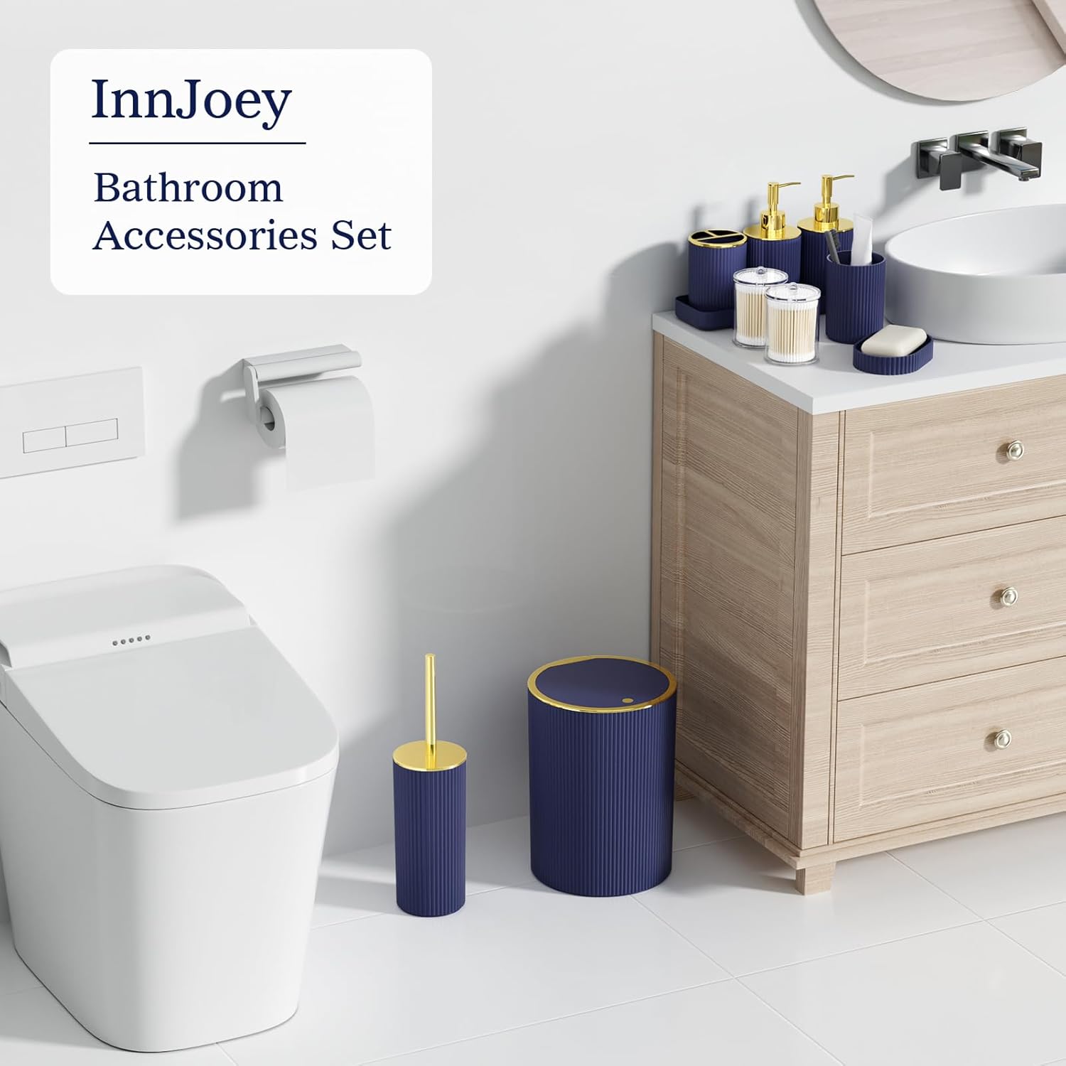 Navy Blue Bathroom Accessories Set - Bathroom Sets, 25PC Bath Accessory Set, Bathroom Sets with Push Top Trash Can, Shower Curtain and Rugs, Toilet Brush, Trash Can & Soap Dispenser