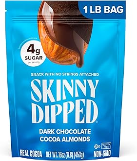 SkinnyDipped Dark Chocolate Cocoa Almonds, 1lb Bag, Healthy Snack, Plant Protein, Gluten Free, Pack of 1