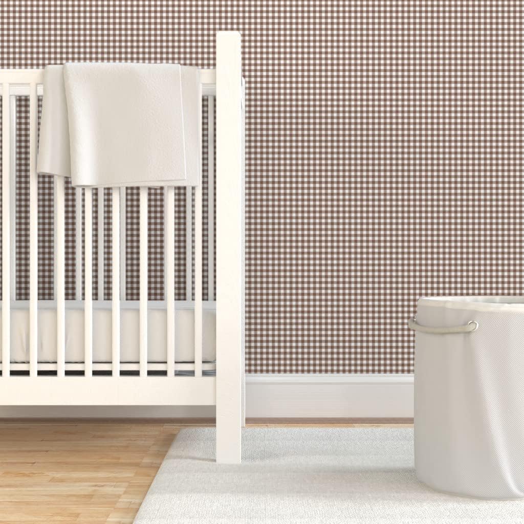 Peel & Stick Wallpaper Swatch - Woodland Gingham Bark Brown Custom Removable Wallpaper by Spoonflower