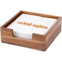 Acacia Cocktail Napkin Holder for Table, Wooden Napkin Holder, Flat Square Beverage Napkin Tray, Farmhouse Cocktail Napkin Caddy for Bar, Party, Dinner, Kitchen Dining Table, 5.5 x 5.5 inches
