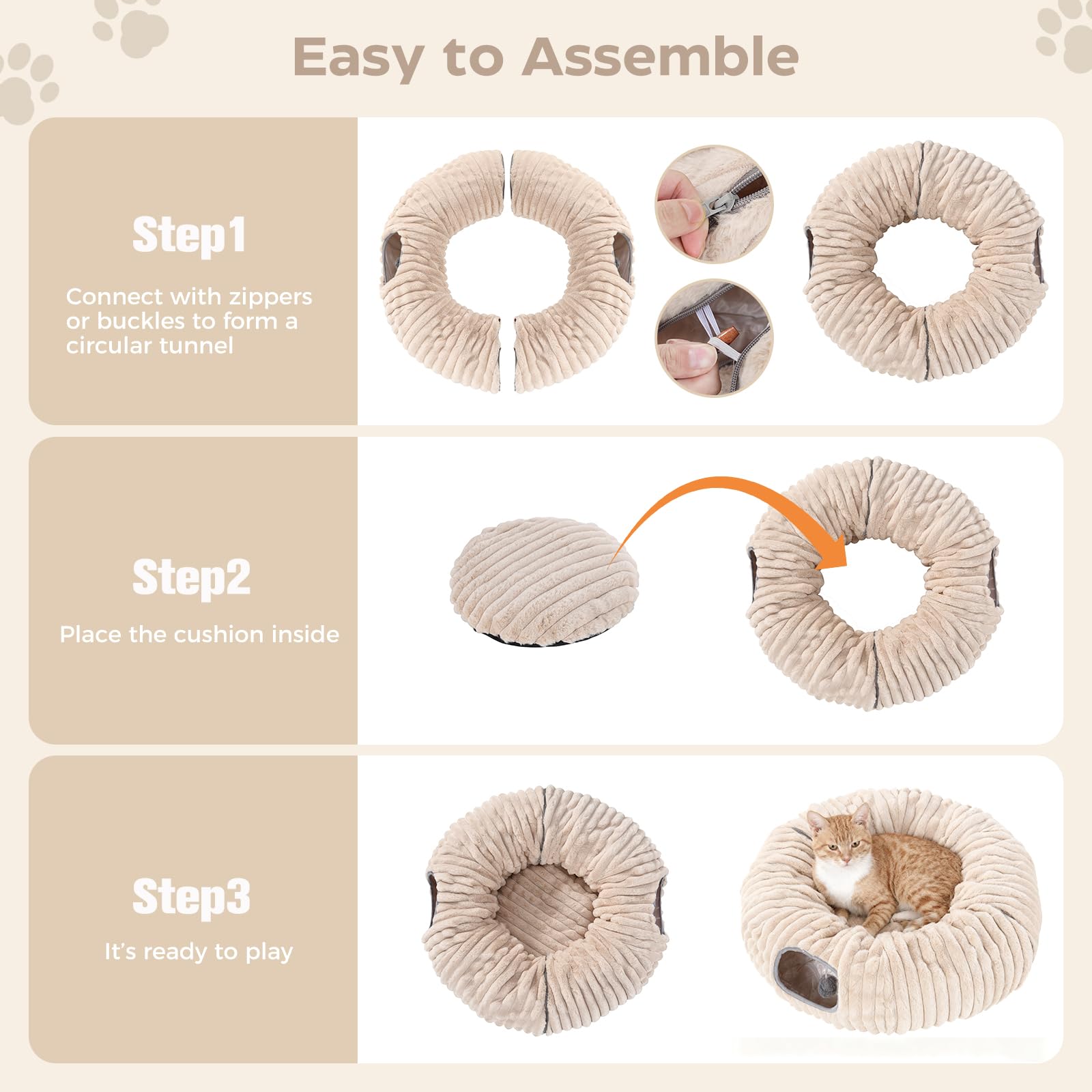 Avont Tunnel pour Chat Modulable, Tunnel Intérieur pour Jeu et Dormir, Lit Rond sous Le Sapin, Panier Chaud Moelleux pour Chat, Cabane Sapin de Noël, Donut avec Balles Suspendues et Fenêtres -Marron