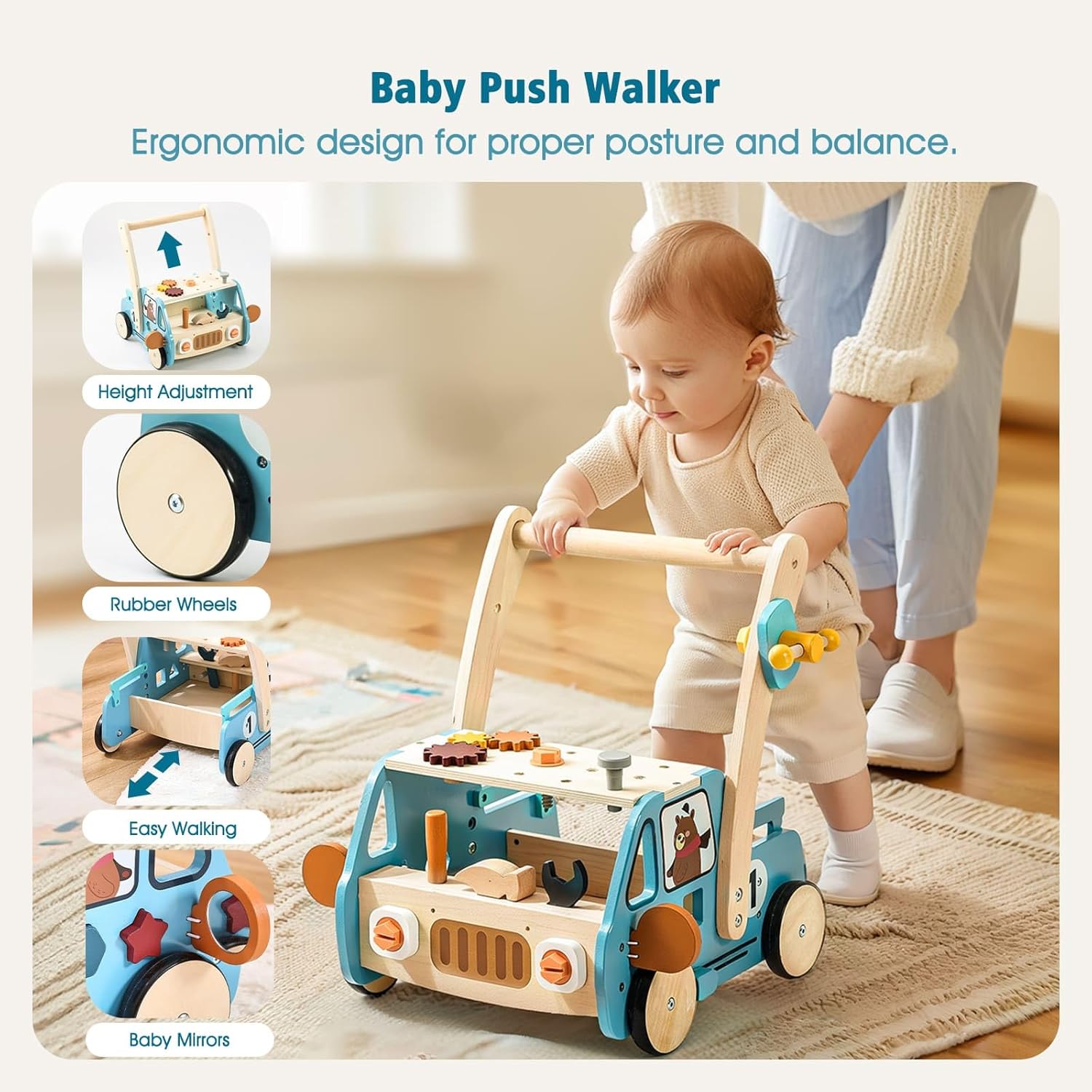Wooden Baby Walker Adjustable Height with Tool Bench and Toy Storage Wagon - Multifunctional Toddler Push Walker Ergonomically Designed for Natural Walking - 3+ Years of Continuous Use
