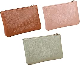 3 Pack Small Coin Purse for Women PU Lychee Pattern Zipper Purse Mini Wallet Portable Purse for Men Women, Brown + Pink + Green