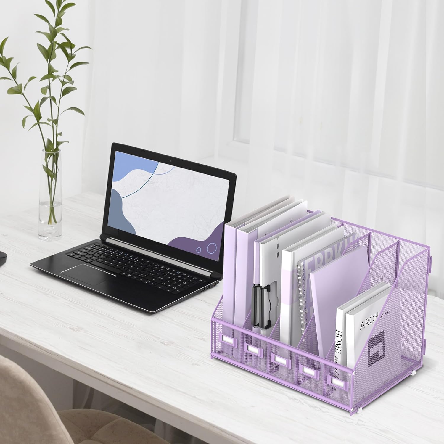 Organiseur de bureau en métal avec 5 compartiments verticaux pour bureau, violet