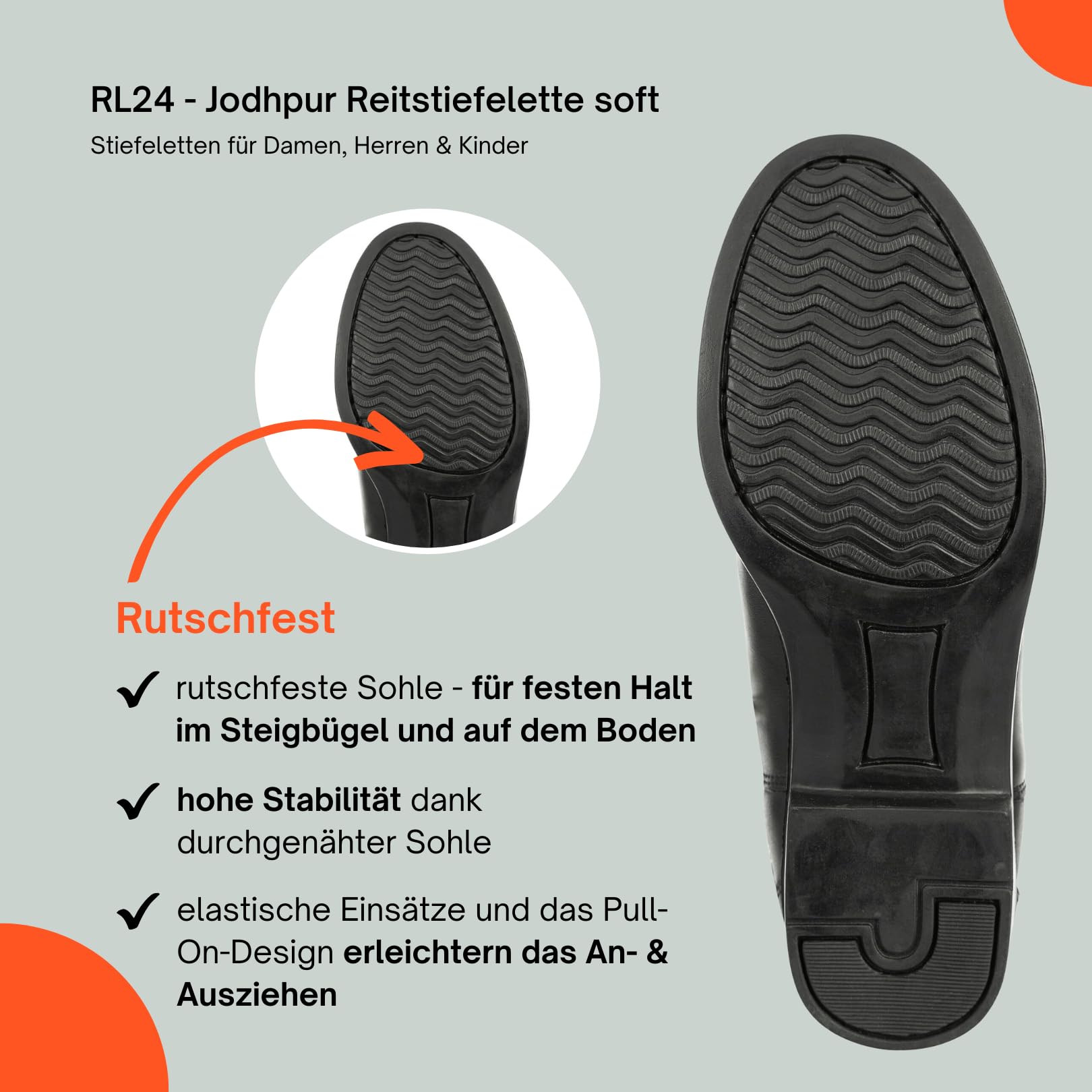 RL24 - Jodhpur Reitstiefelette soft | Kinder, Herren & Damen Stiefeletten | mit Elastikeinsatz & Pull-On | wasserdichte Chelsea Boots aus Kunstleder | schwarze Reitschuhe | Größe 28-46