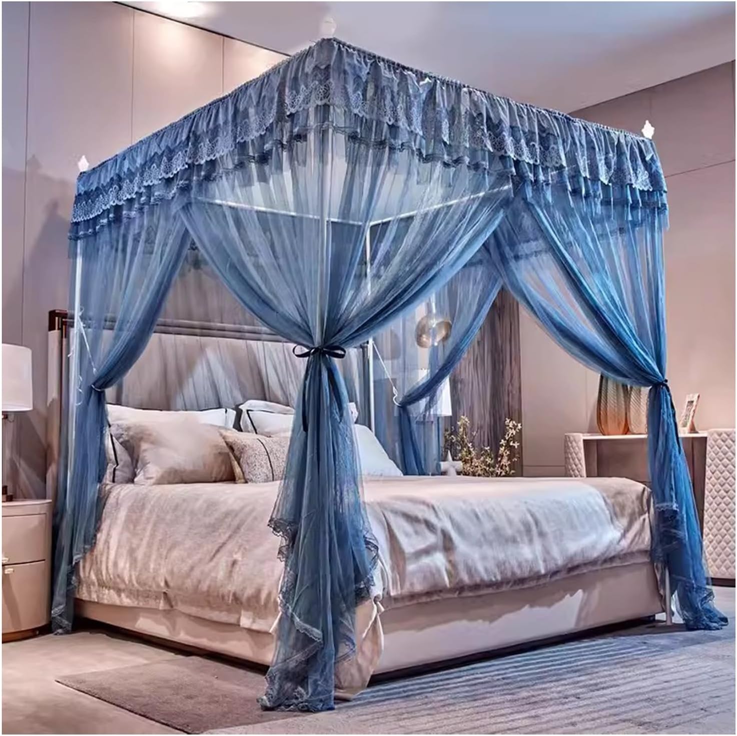 天蓋付きベッドカーテン ブルー高級ベッドカーテン、床置きベッド