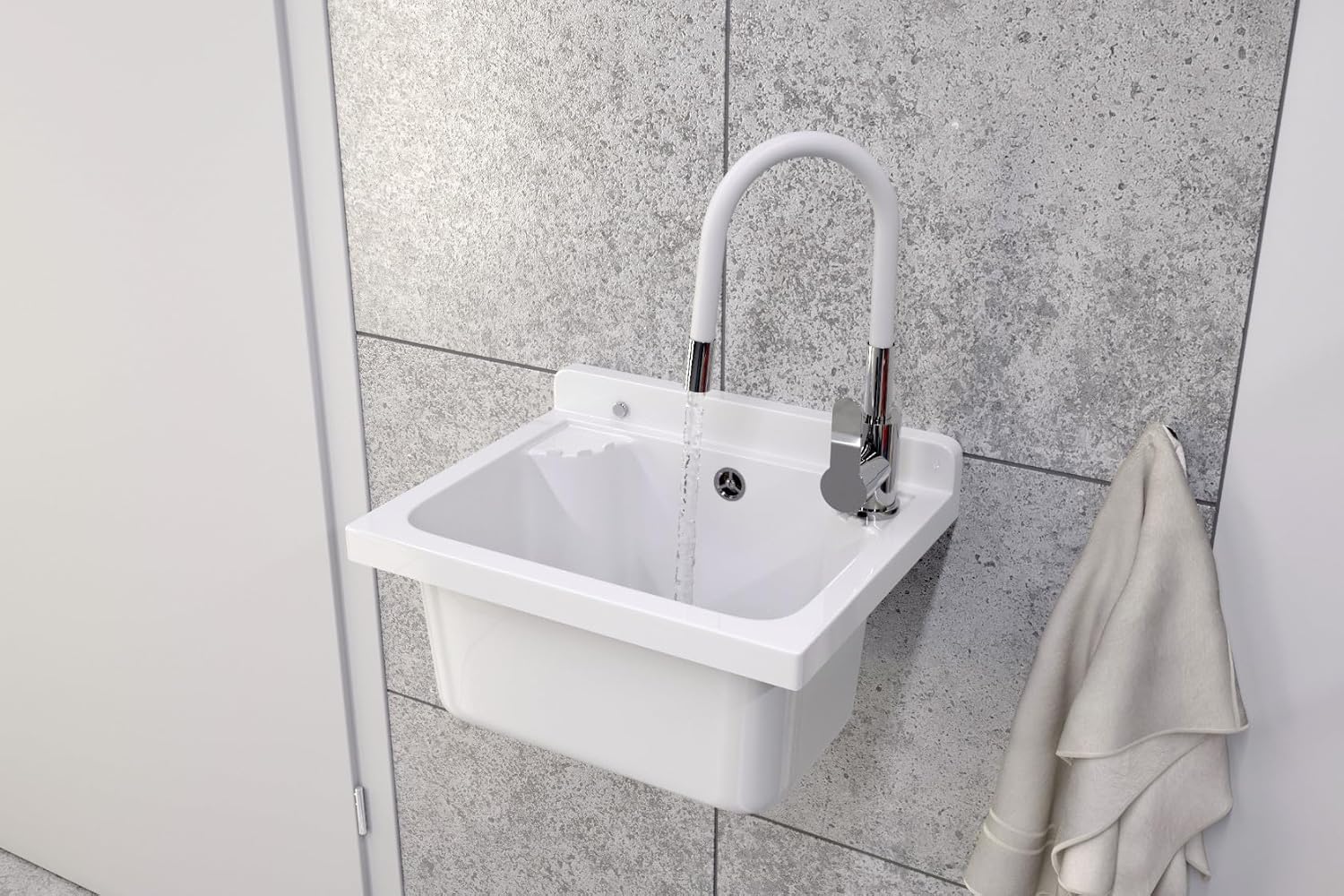 Ausgussbecken mit Mischbatterie undPlatz für Seifenspender Garage Keller Werkstatt und Waschküche - Universal Waschtrog mit Siphon - Waschbecken Wandmontage - 42x34x24 cm - Weiß - Granitan