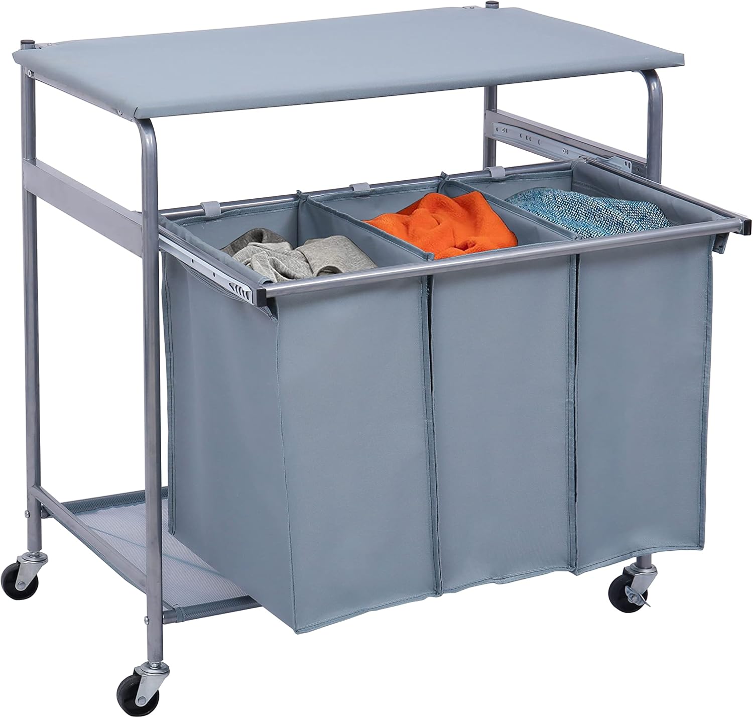 Laundry Hamper Trolley with Ironing Board and Slide Tray 3 Washing Basket Bag Sort,Grey Ironing