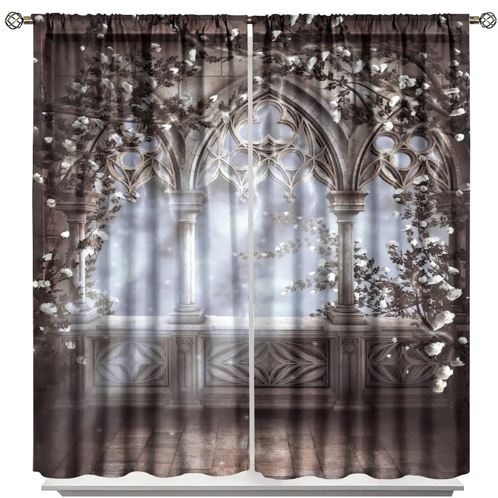 Vintage Castle Window Curtains,Gothic Style Romantic Mid-Century Decor Room Darkening Thermal Insulated Window Curtain for Living Room Bedroom W63xL72in