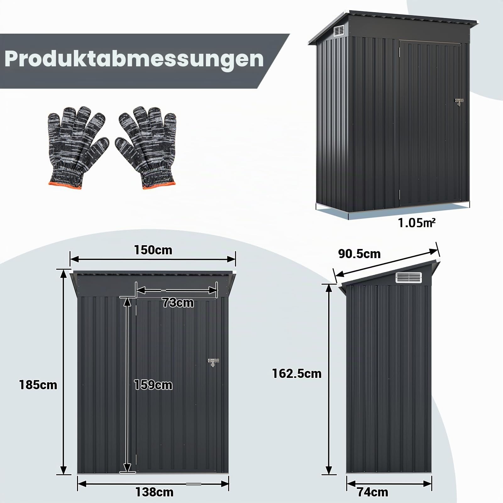 FANTASK Gartenhaus Metall, 150 x 90,5 x 185 cm/1,5 m³, Gartenschrank abschließbar mit Pultdach & Tür, Outdoor Geräteschuppen, Garten Schuppen (Dunkelgrau)