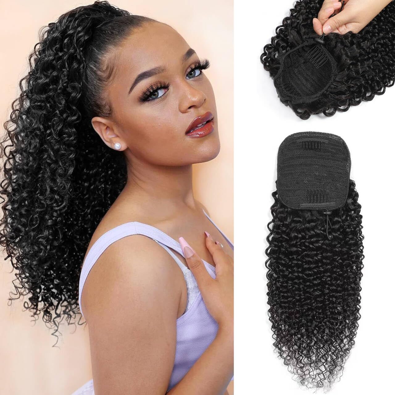 Kinky Curly Ponytail Human Hair Drawstring Ponytail for Black Women 10A Brazilian Virgin Human Hair 4C Curly Ponytail Extension Natural Black 18 Inch