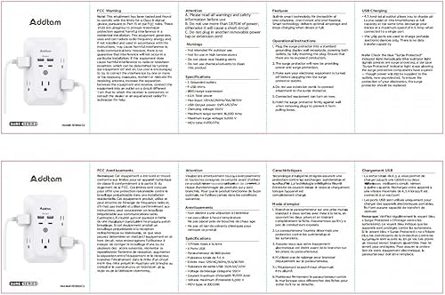 Miniatura 8 de Protector contra Sobretensiones Extensor de Enchufe - Addtam Divisor de 5 Enchufes con Cargador de Pared USB de 4 Puertos (2 Puertos USB-C), Regleta