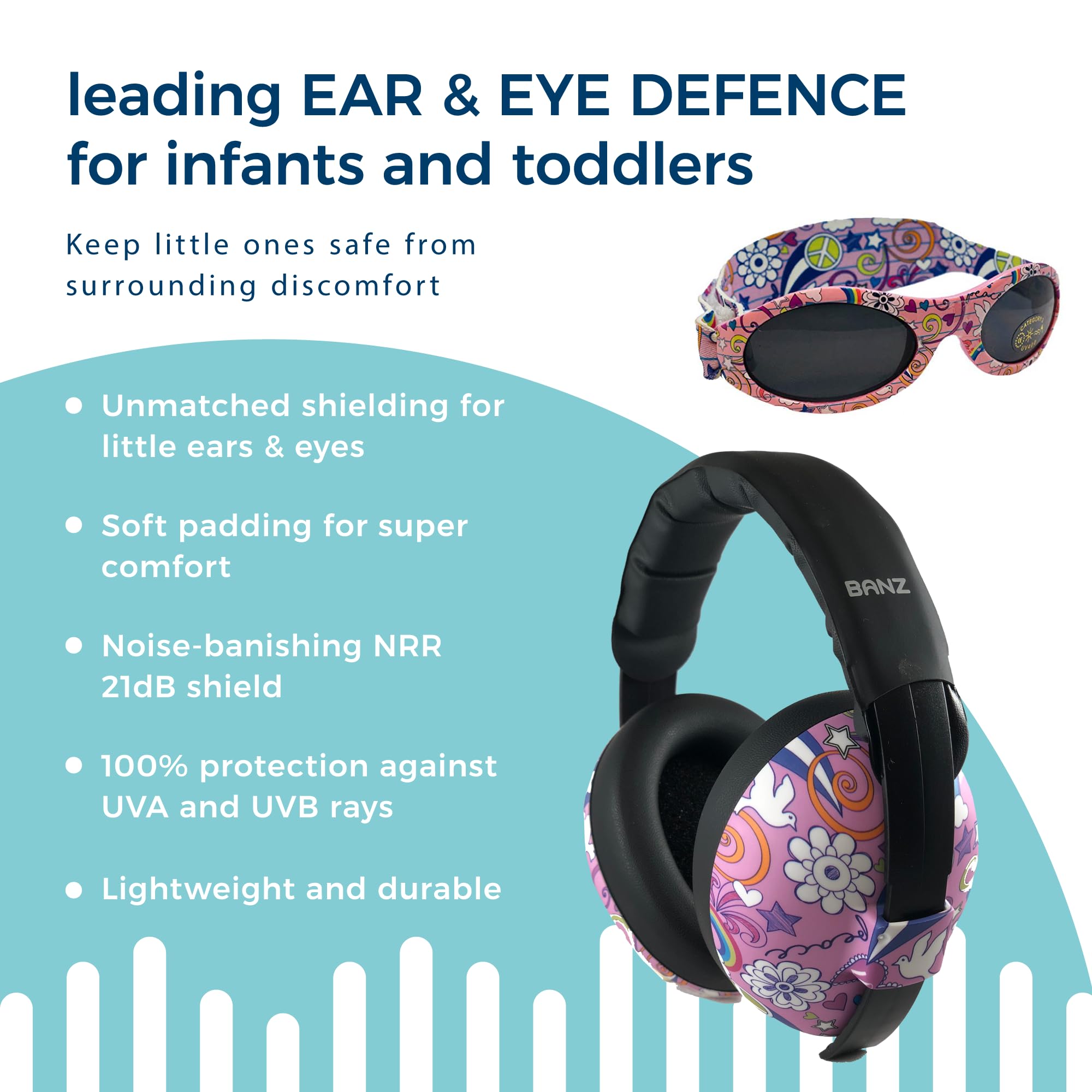 BANZ Ohrenschützer mit Gehörschutz und Sonnenbrille für Babys und Kleinkinder (Kombipaket) rosa-Gekritzel