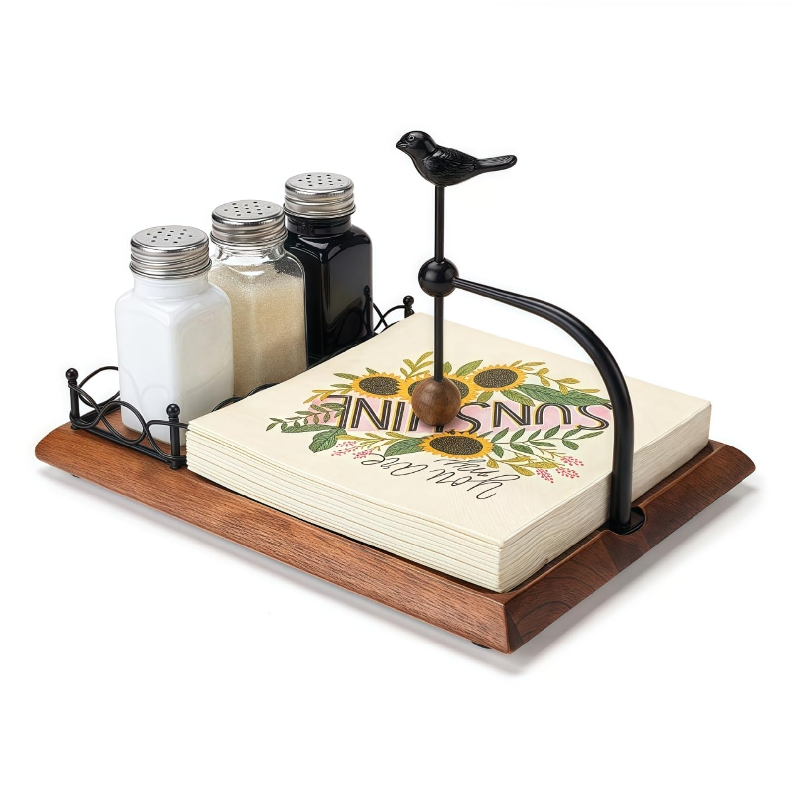 Zipenghua Solid Wooden Bird Napkin Holder for Table，Napkin Dispenser with Salt and Pepper Shakers, 2-in-1 Vintage Flat Paper Towel Holder for Bar,