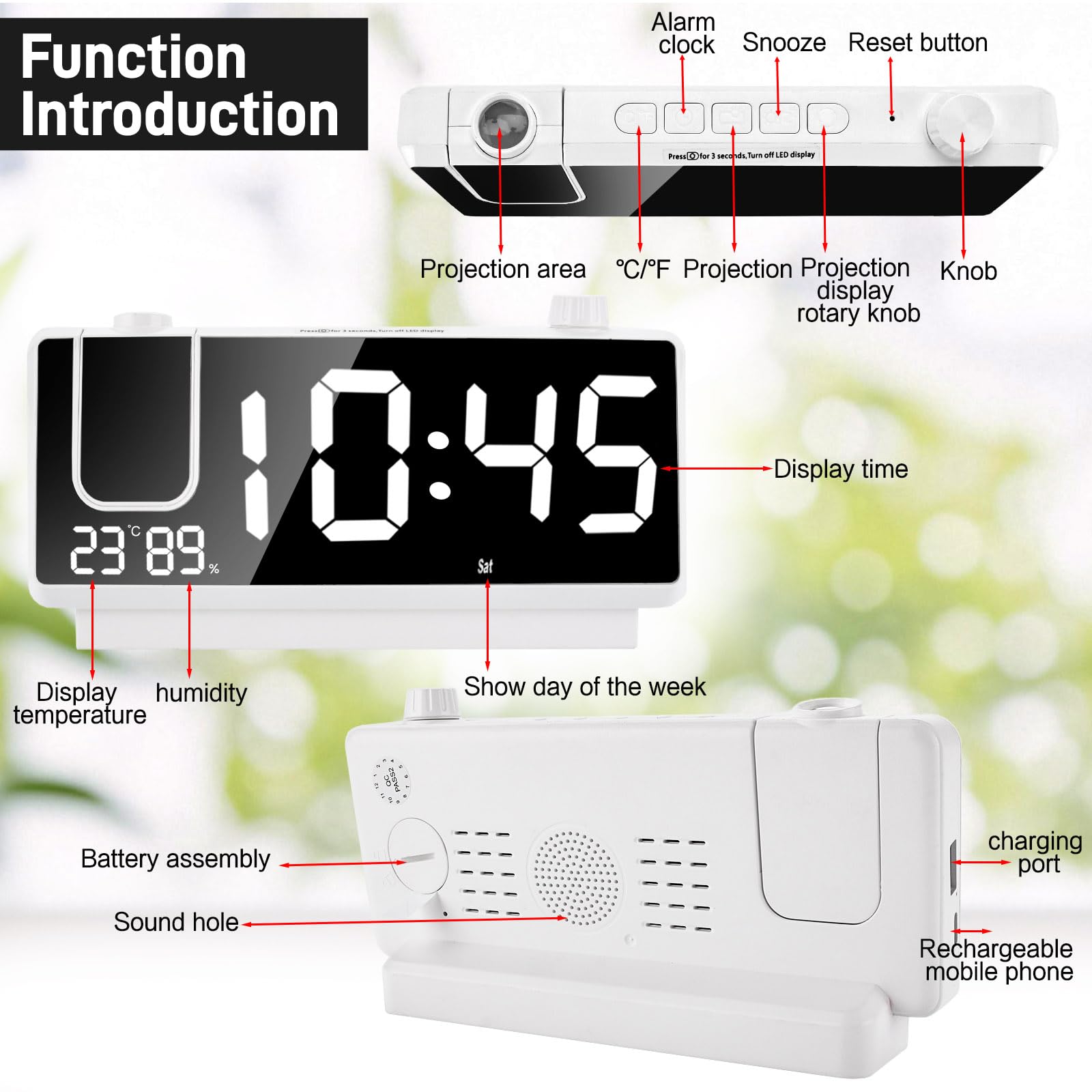 Reloj Despertador Digital con Proyector, Reloj Proyector Techo con LED de 7,4", 180°, Doble USB, Temperatura y Humedad, 3 Brillo, 12/24H, Snooze, para Dormitorio Infantil Niños(Blanco)