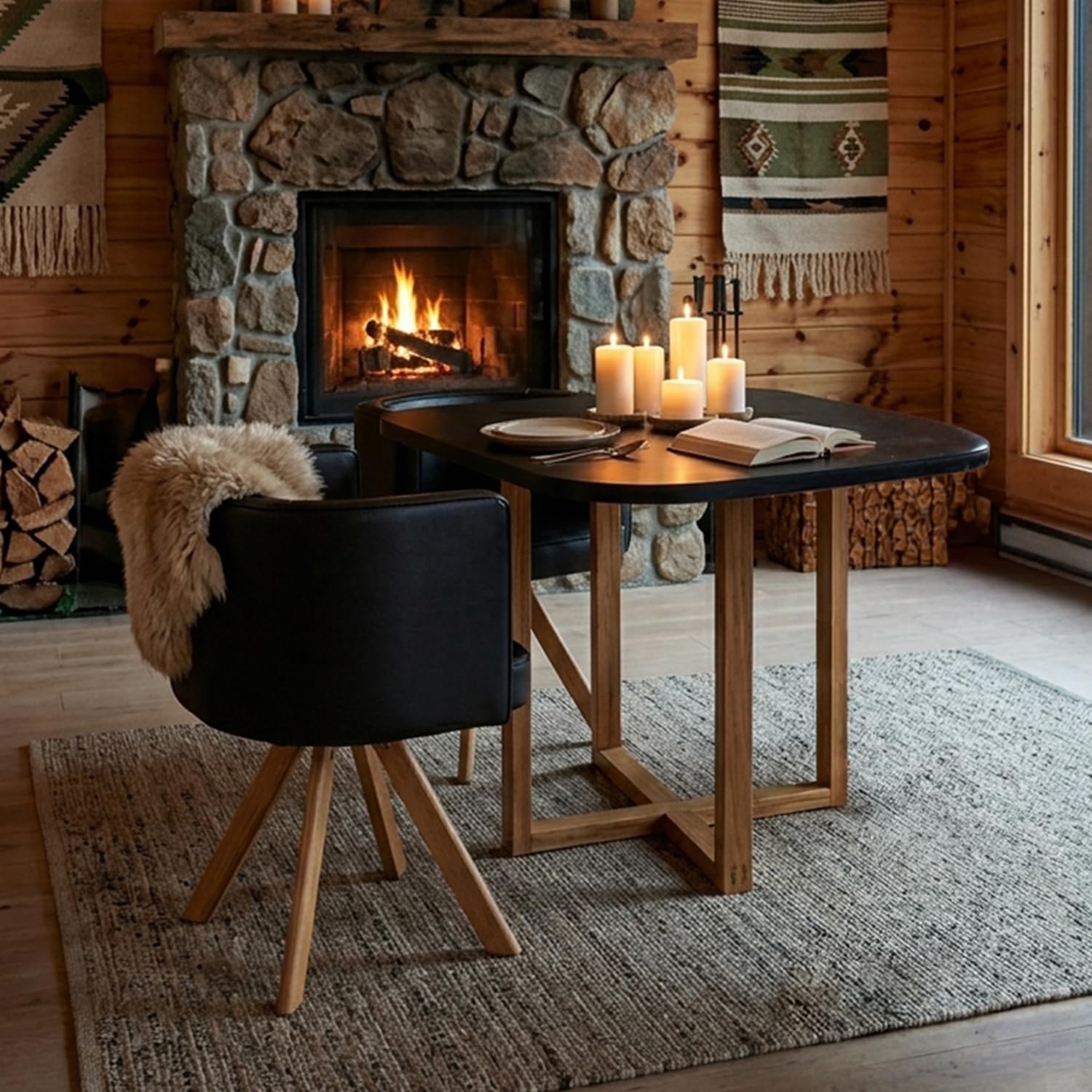 Menzzo Table A Manger Scandinave Oslo avec Chaises Encastrable Revêtement Simili Noir - Pieds Métal Couleur Bois, Assise Moelleuse et Confortable - L90 x P90 x H75 cm