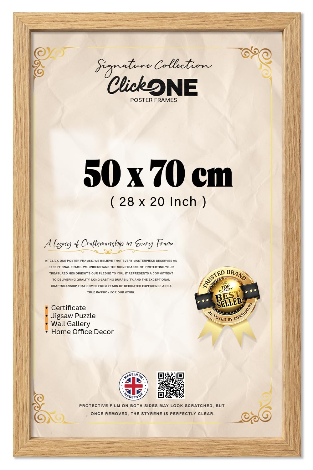 Click One Stylish 50 X 70 CM Poster Frame Oak Finish 28 X 20 Inch Vertical And Horizontal Photo And Painting Mount For Home Décor And Art Exhibition Modern Slim Profile Gallery Ready