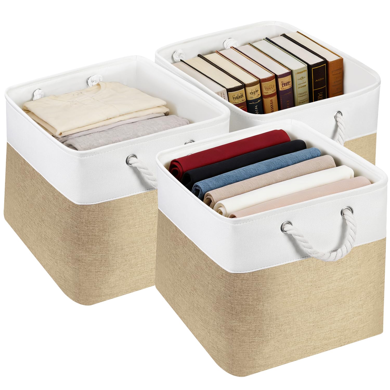 Junlai Khaki-White 3 Pack Fabric Storage Boxes, Kallax Storage Boxes 33 X 38 X 33 With Handles, Foldable Large Storage Basket For Office & Home, Book, Clothes, Toys(Khaki-White)