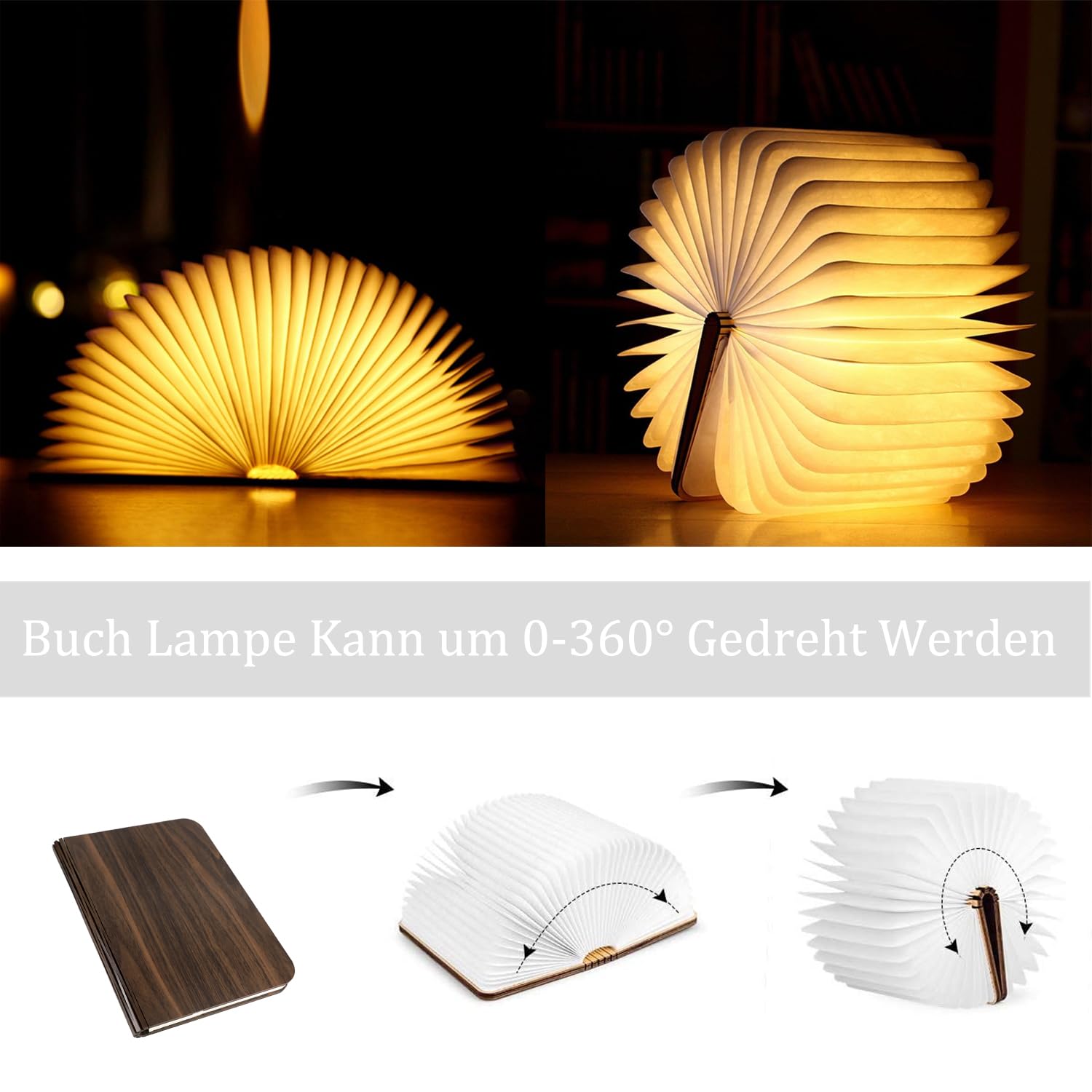 LED Livre Lampes Pliante Rechargeable par USB, lumière LED magnétique en bois avec Batterie Lithium en Bois en Papier DuPont Veilleuse Lampe de chevet, Couleur Noyer (22x16x2.5cm)